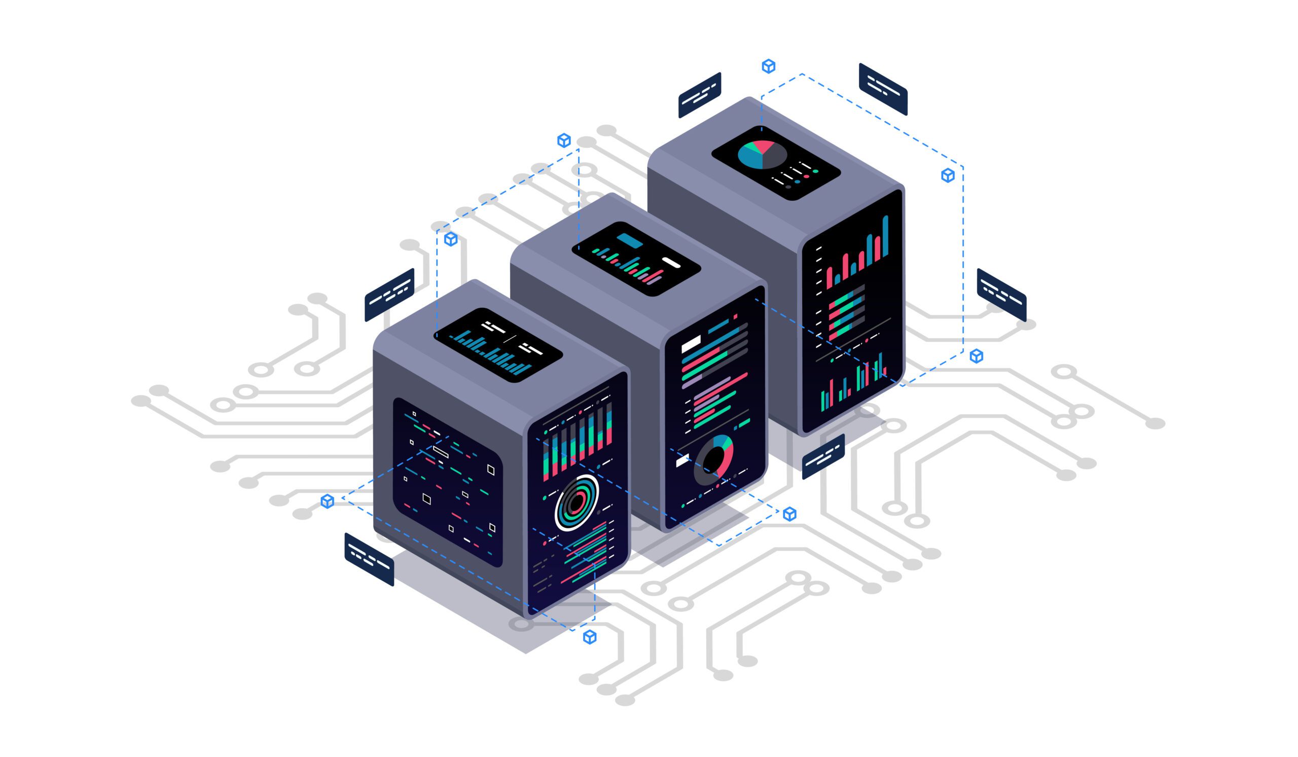 Isometric design concept virtual reality and augmented reality. software development and programming. Computation of big data center, information processing, database. isometric vector technology