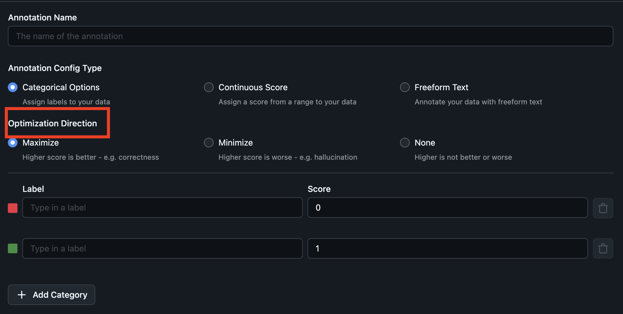 defining optimization direction on categorical and continuous configs in arize ax