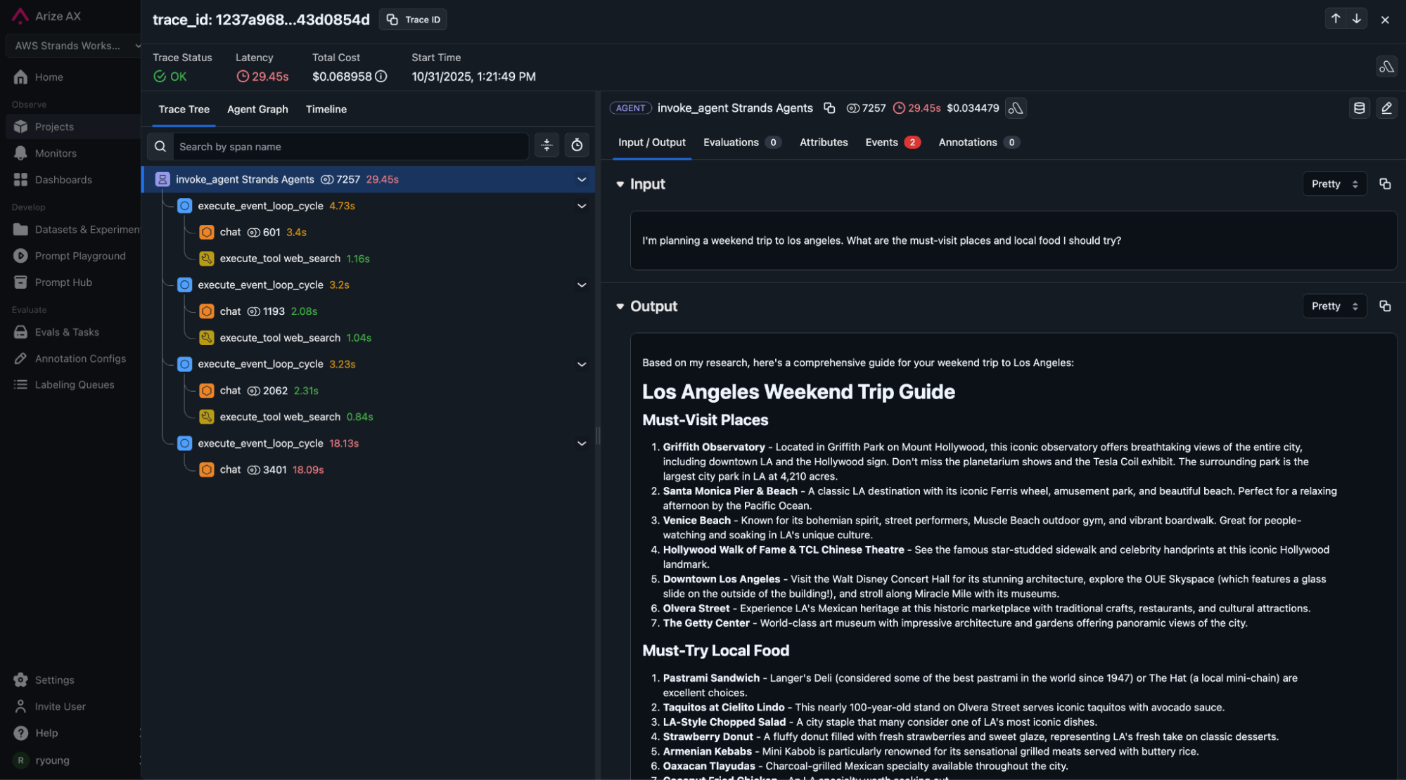 Arize AX Trace View shows the full execution path of an agent