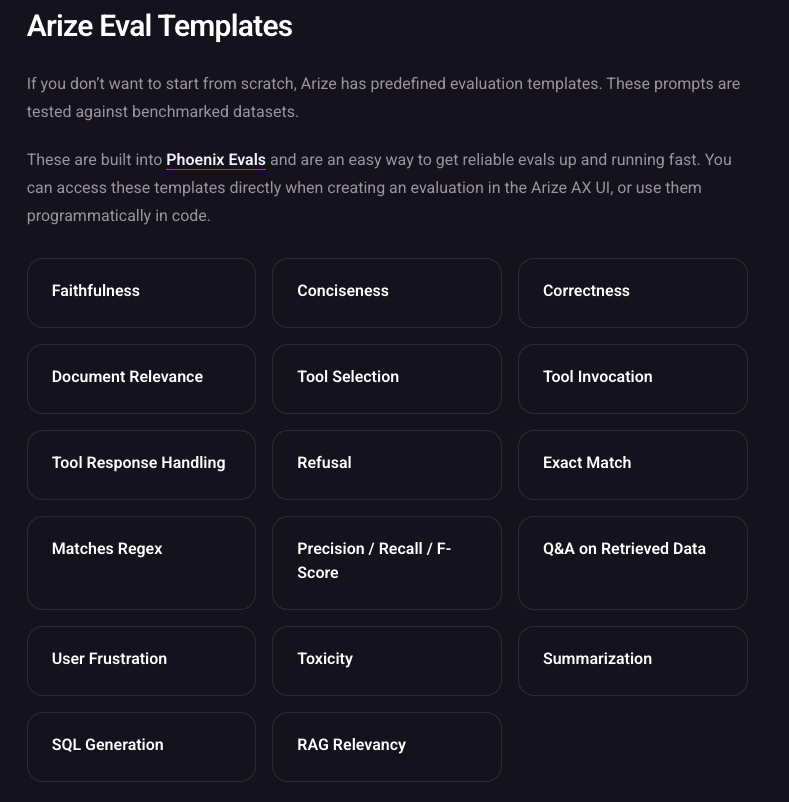 Screenshot of the Arize AX UI showing “Arize Eval Templates.” The page explains that predefined evaluation prompts are available in Phoenix Evals to help users quickly run reliable evaluations. Below the description is a grid of selectable template cards, including: Faithfulness, Conciseness, Correctness, Document Relevance, Tool Selection, Tool Invocation, Tool Response Handling, Refusal, Exact Match, Matches Regex, Precision/Recall/F-score, Q&A on Retrieved Data, User Frustration, Toxicity, Summarization, SQL Generation, and RAG Relevancy. The interface uses a dark theme with rounded rectangular buttons for each eval type.