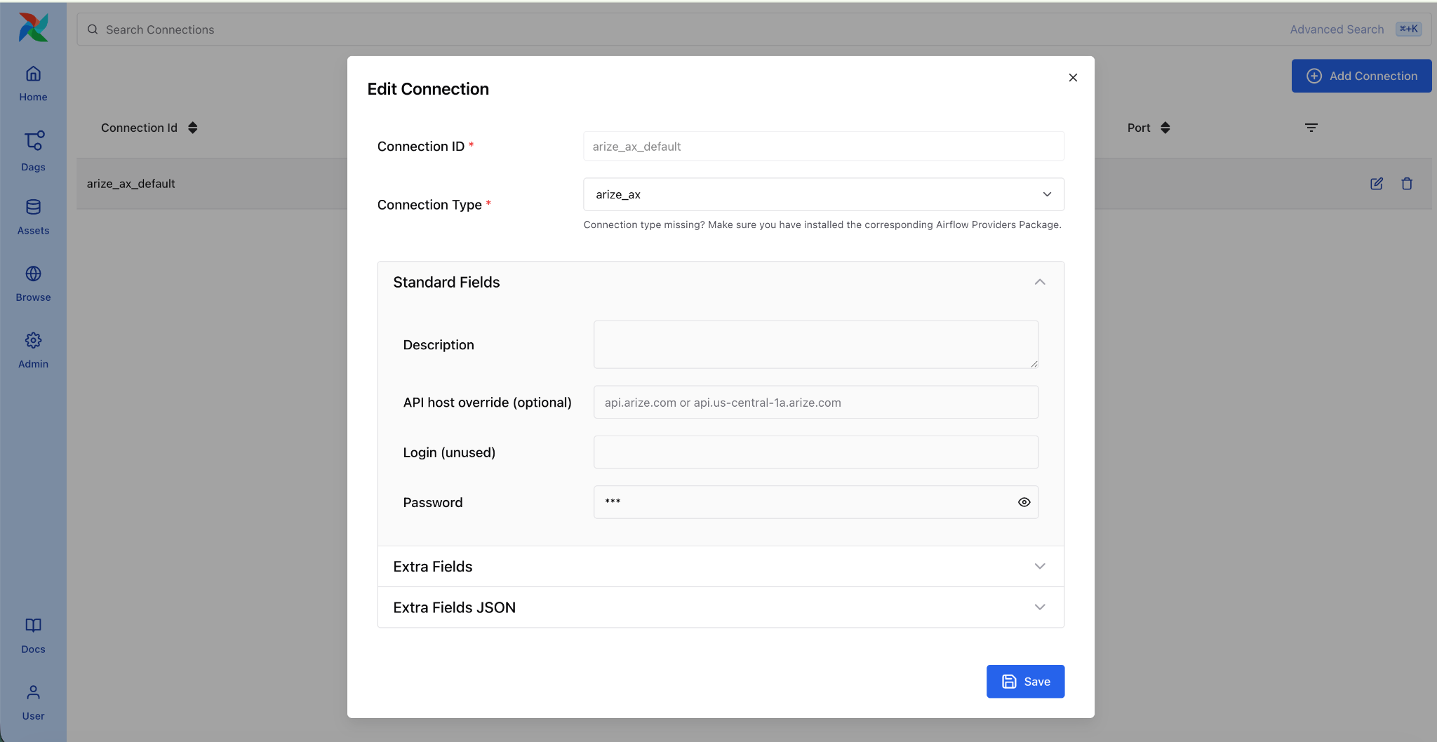 Airflow connection configuration for the Arize AX provider