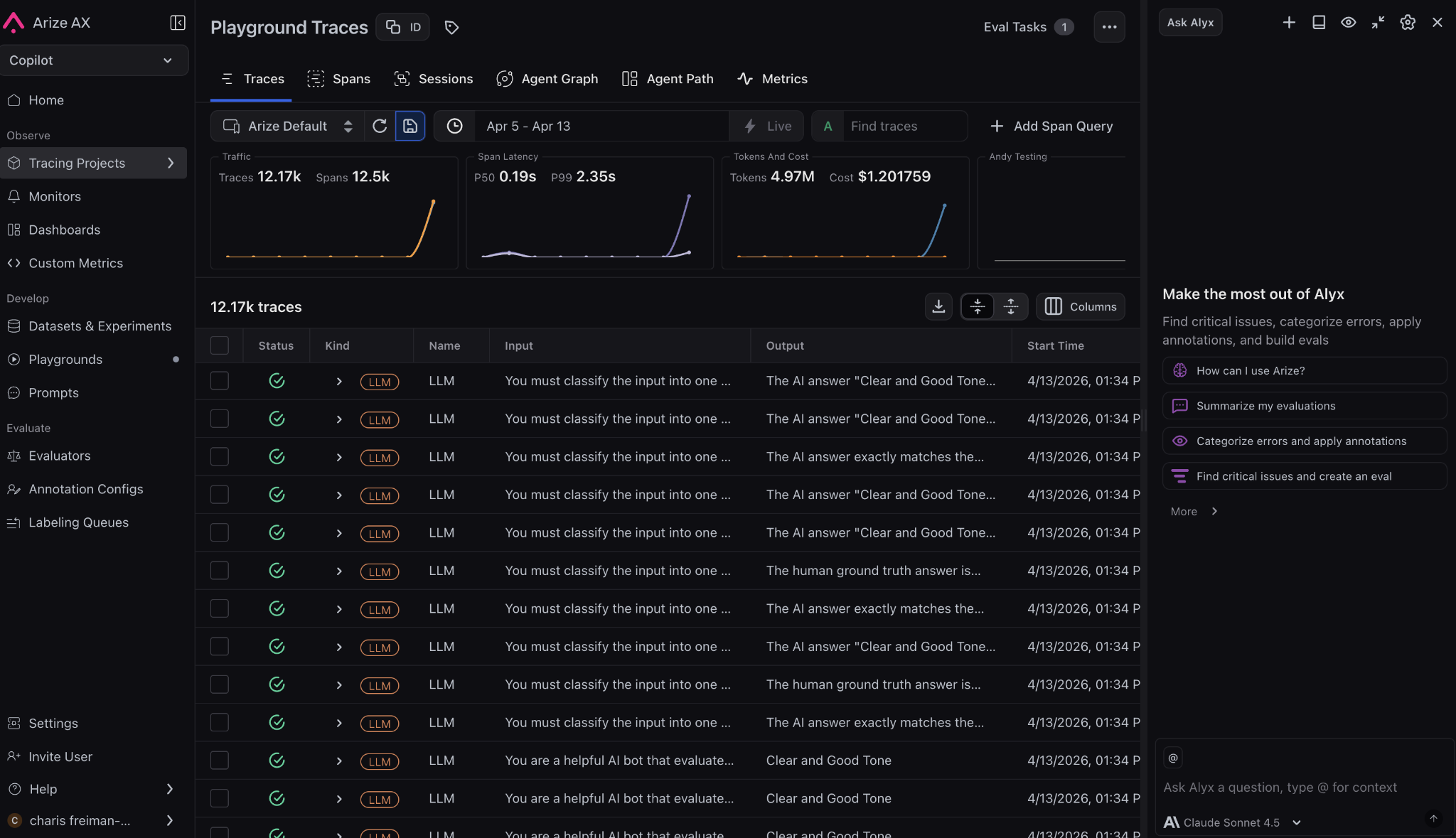 Screenshot of the Arize AX platform showing the Playground Traces view with LLM application traces. The interface includes a sidebar for navigation, top-level metrics (token counts, latency, cost), and time-series graphs. A table lists individual traces with columns for model, input, output, latency, and timestamp. On the right, a panel highlights features like semantic similarity evaluation and prompt analysis.