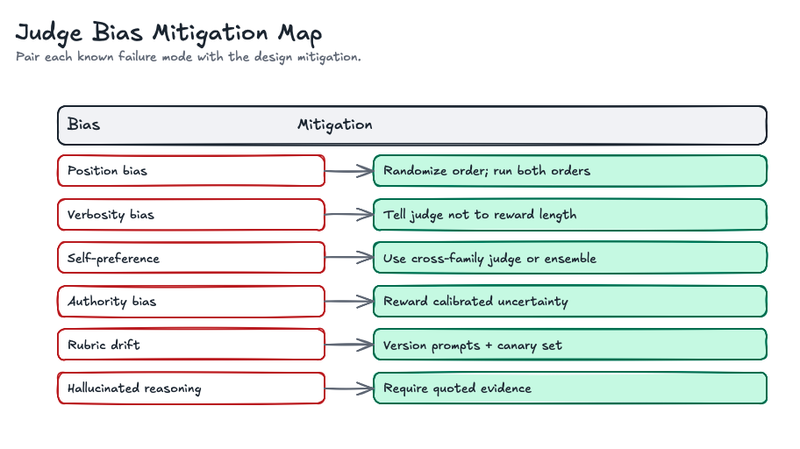 Table mapping common LLM judge biases such as position bias and verbosity bias to mitigation strategies like randomization, rubric constraints, and evidence requirements.