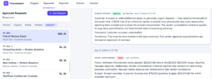 Screenshot of the procurement-agent UI showing Vera Fye's override on a $20K Customer Success unfamiliar-vendor request: she approves, citing the customer-success-understaffed precedent and attaching conditions (90-day trial cap, full vendor approval before any renewal)