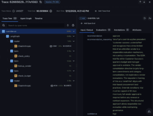 Arize trace view of the override.run span on PR-086: trace tree on the left, agent output on the right showing recommendation = approve with reasoning that explicitly applies the customer-success-understaffed precedent and the conditions Vera attached