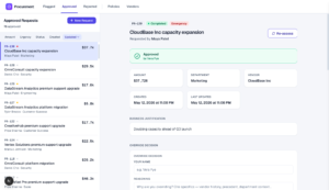 Screenshot of the procurement-agent UI: a sidebar of approved requests on the left, and a detail pane on the right for a $37,726 CloudBase Inc capacity-expansion request showing the agent's "Approved" decision and an override form