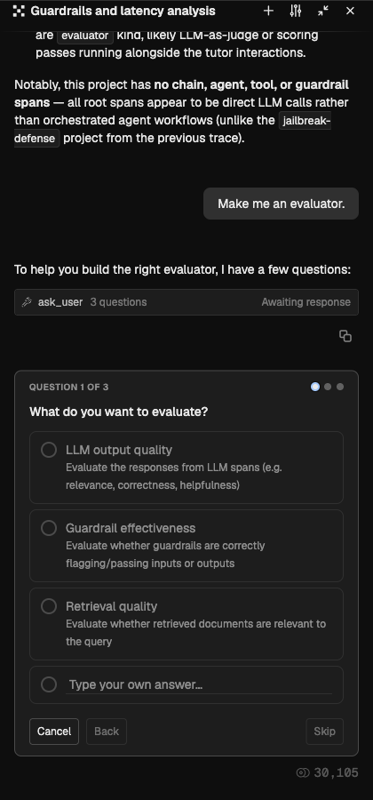 Ask for something underspecified and PXI stops to ask. A vague "make me an evaluator" triggers an ask_user eli