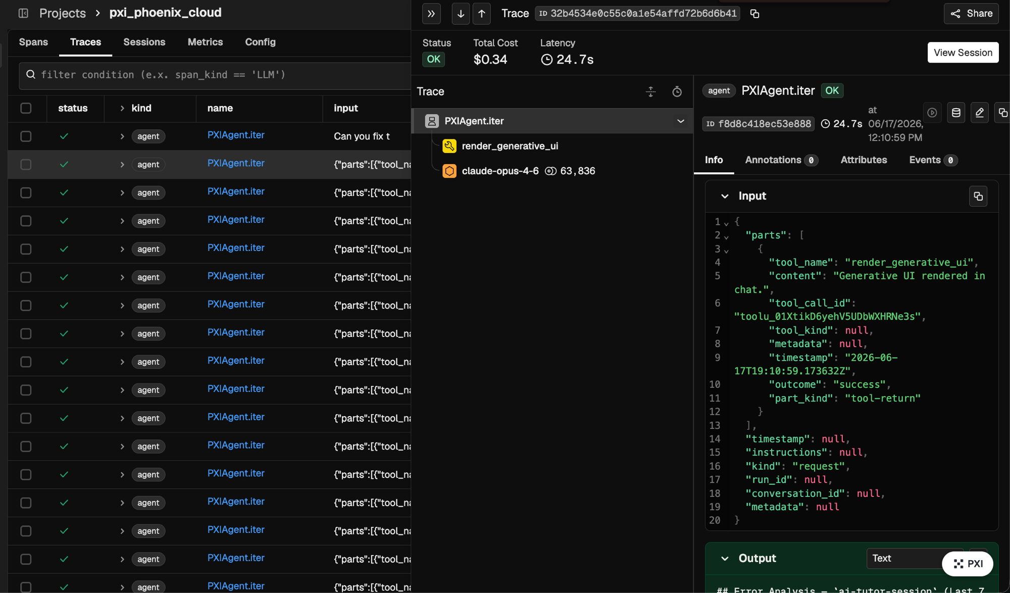 A PXI run opened as a Phoenix trace in the pxi_phoenix_cloud project. The span tree shows PXIAgent.iter calling render_g