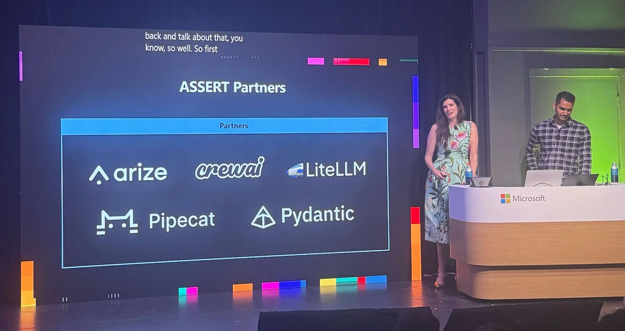 Sarah Bird on stage at Microsoft Build announcing the ASSERT partners with Arize