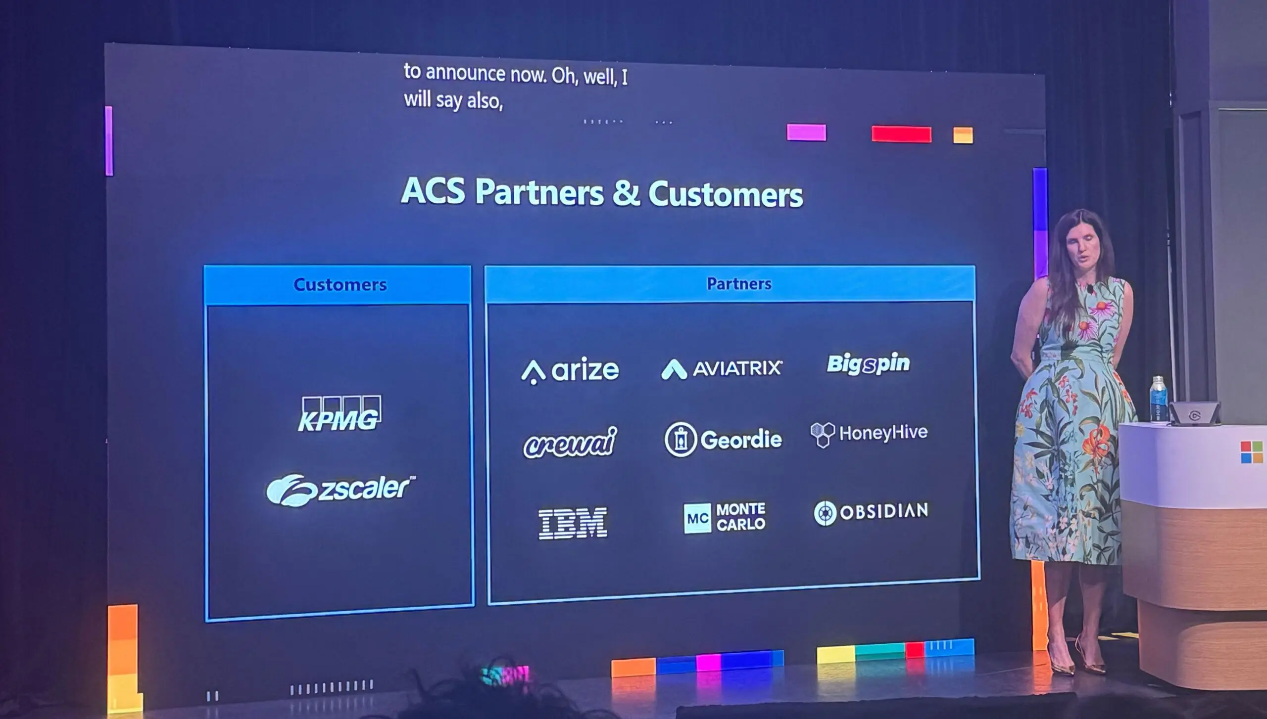 Sarah Bird on stage at Microsoft Build announcing the ACS partners with Arize