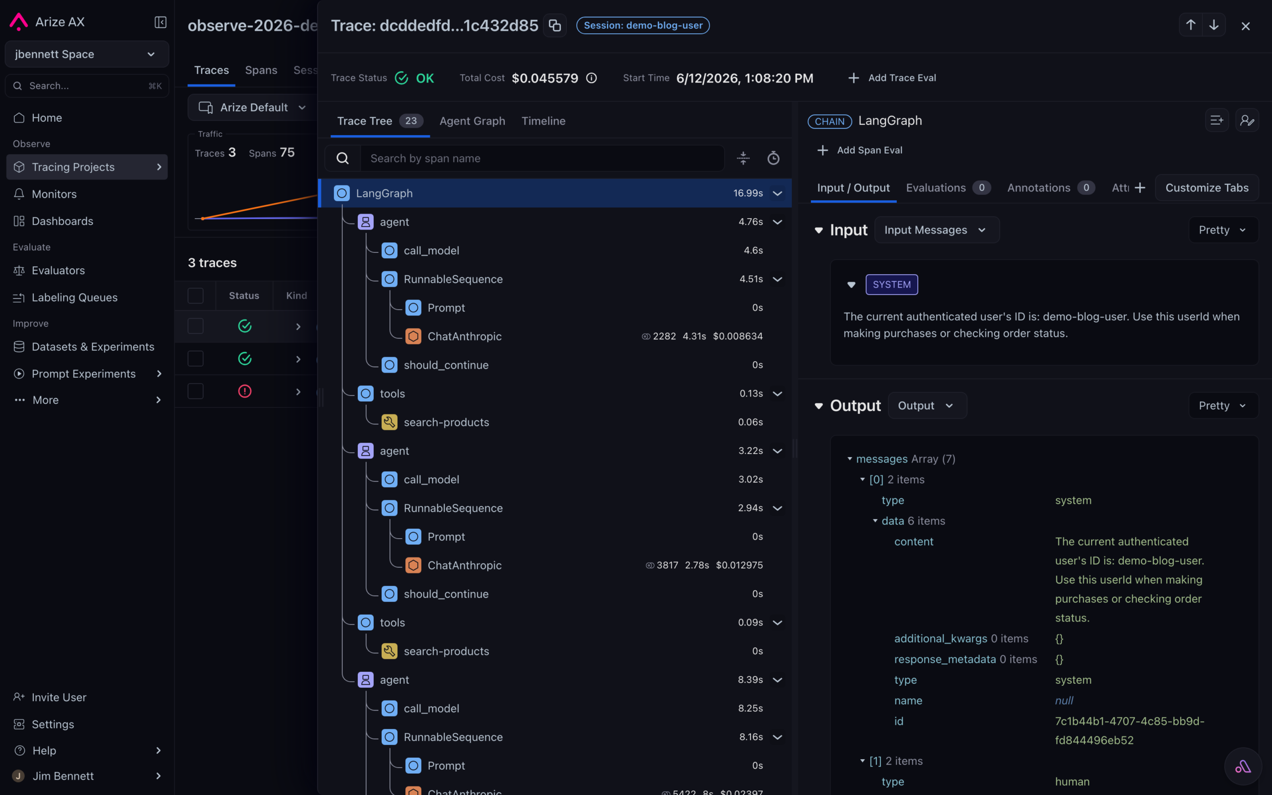 A Wonder Toys conversation in Arize AX: CHAIN root for LangGraph, repeated LangGraph node spans, LLM spans for ChatAnthropic, and TOOL spans such as search-products