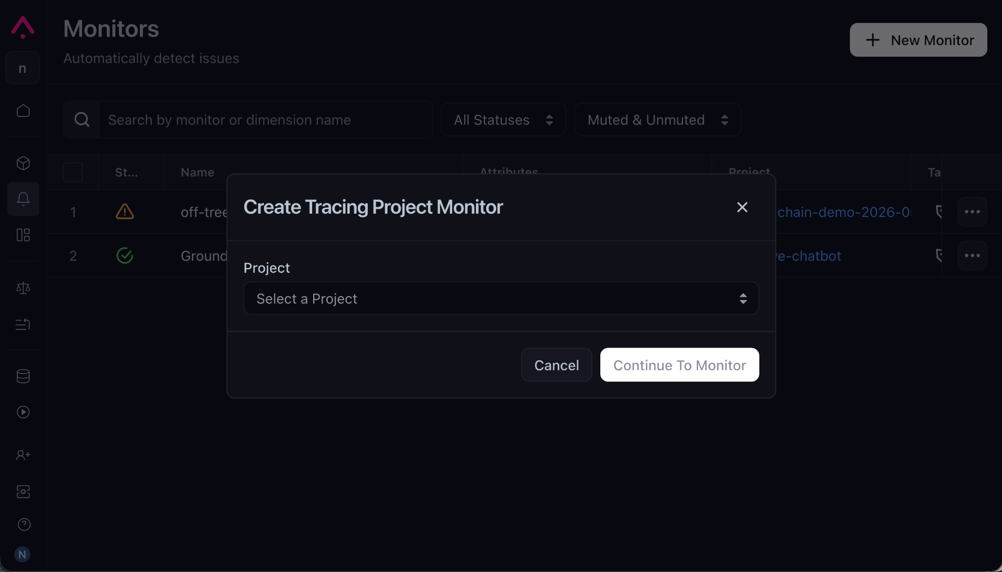Creating a tracing project monitor in the Arize AX UI