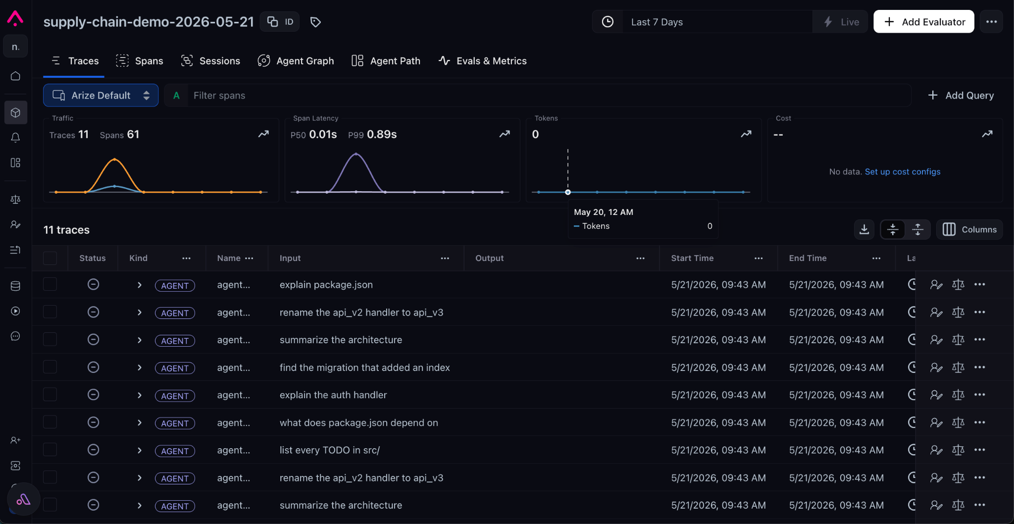 11 sessions in the project. The compromised one sits on top, eight tool calls and 0.89s of latency against 0.34 to 0.72s for the normal sessions.