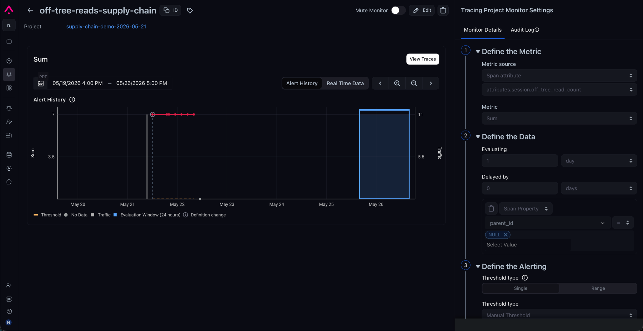 The data-quality monitor in Arize AX. Sum of attributes.session.off_tree_read_count over 1 day, threshold > 0.