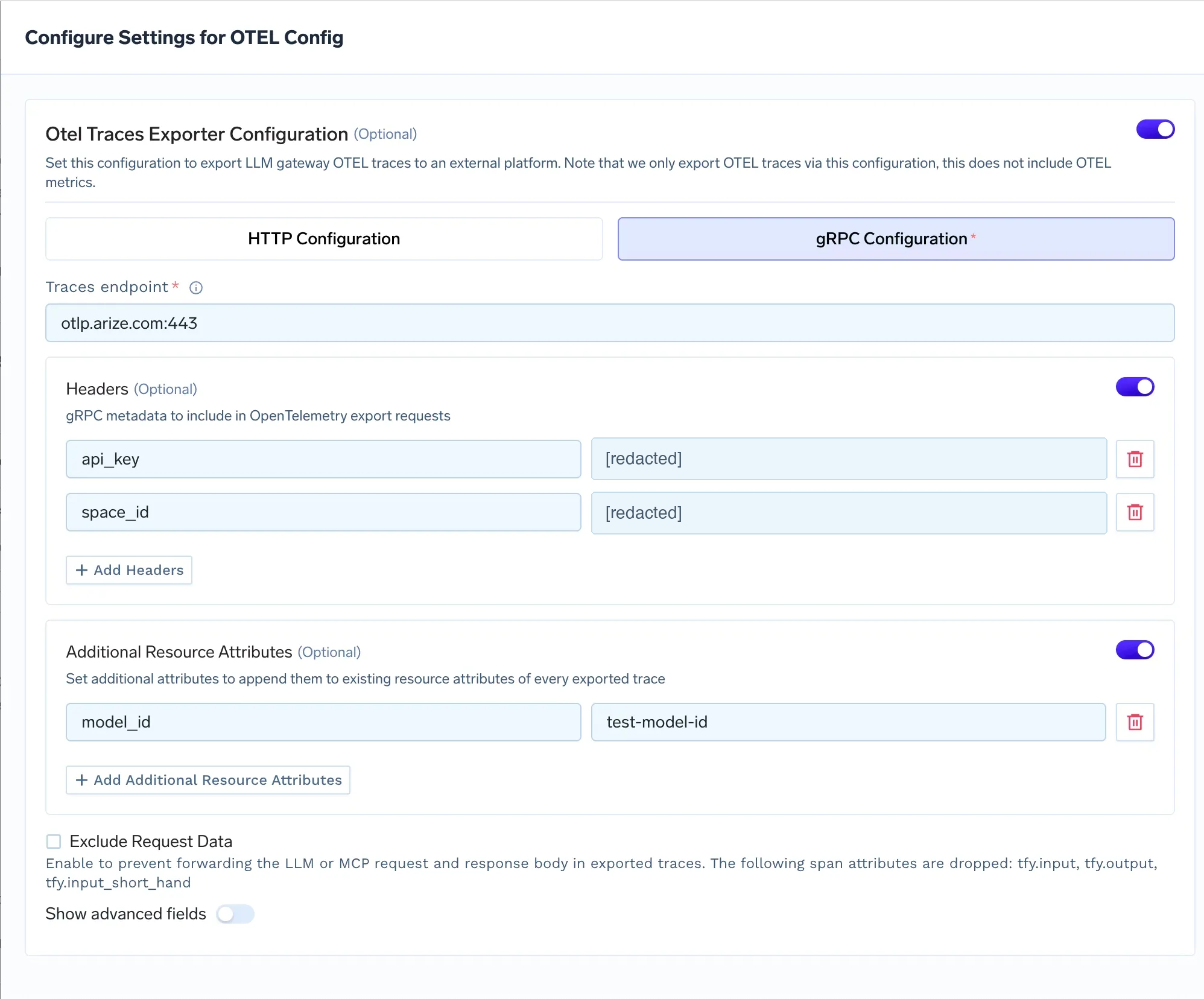TrueFoundry OTEL traces exporter configuration screen using gRPC endpoint otlp.arize.com:443 with API key and space ID fields redacted.