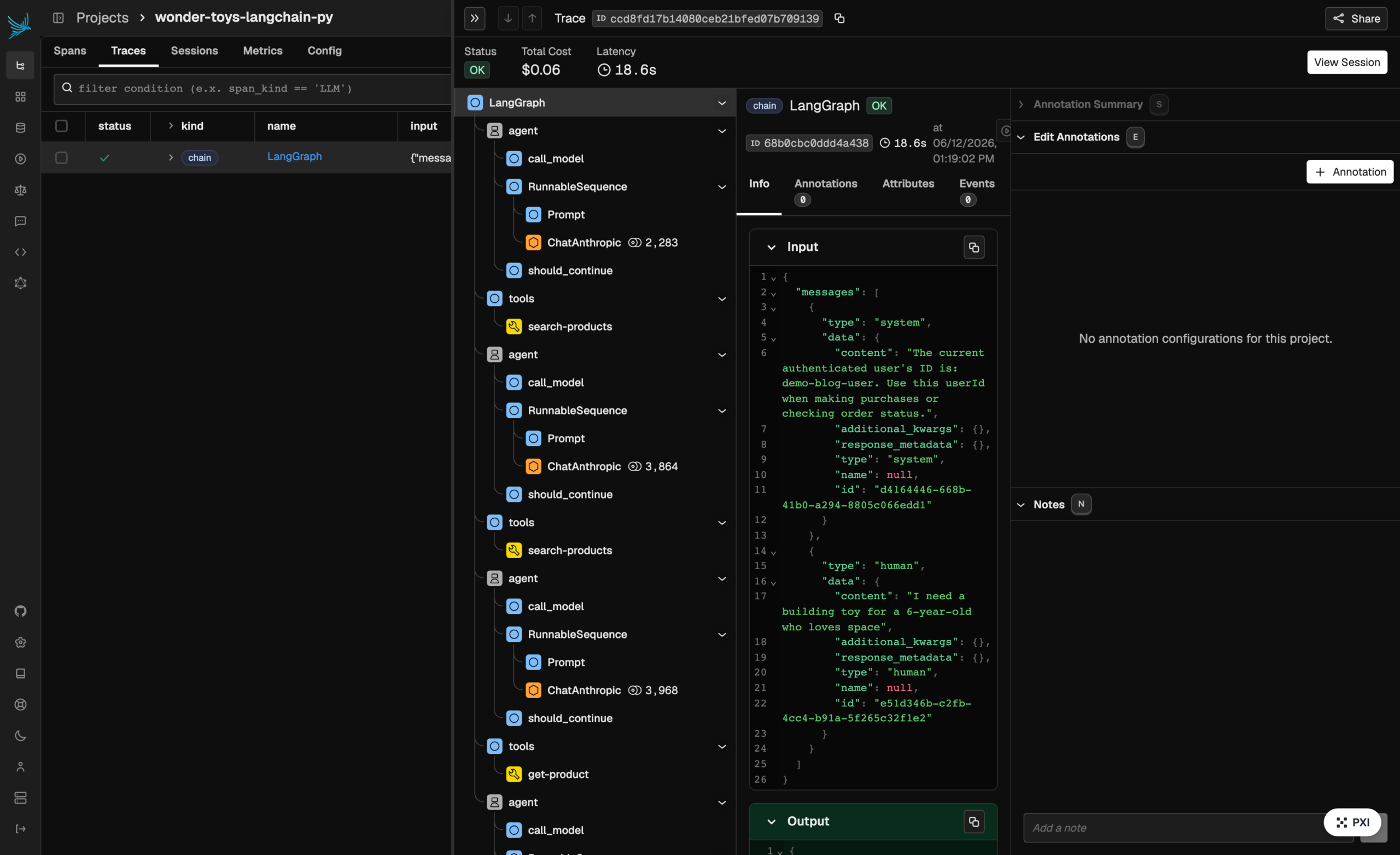 A LangChain Python conversation in Phoenix Cloud with the same LangGraph hierarchy and OpenInference span kinds as the AX screenshot