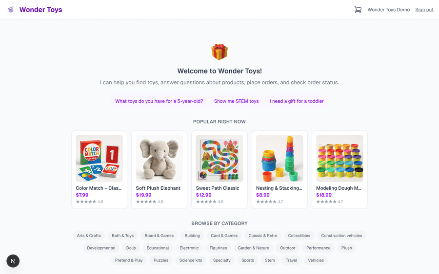 Wonder Toys: the chat-to-purchase flow against the LangChain Python tier