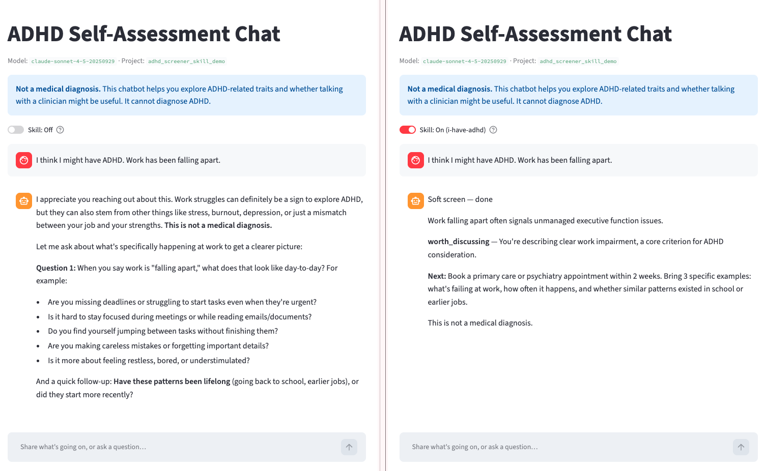 Side-by-side skill-on versus skill-off transcript comparison that looks cleaner but hides missing content