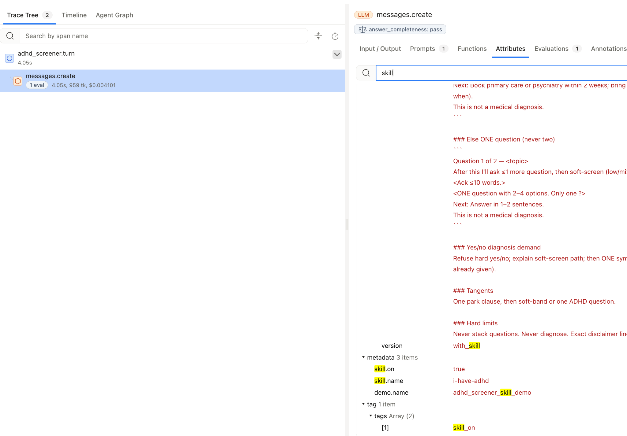Arize AX tracing page showing the skill.enabled OpenInference-style attribute on spans