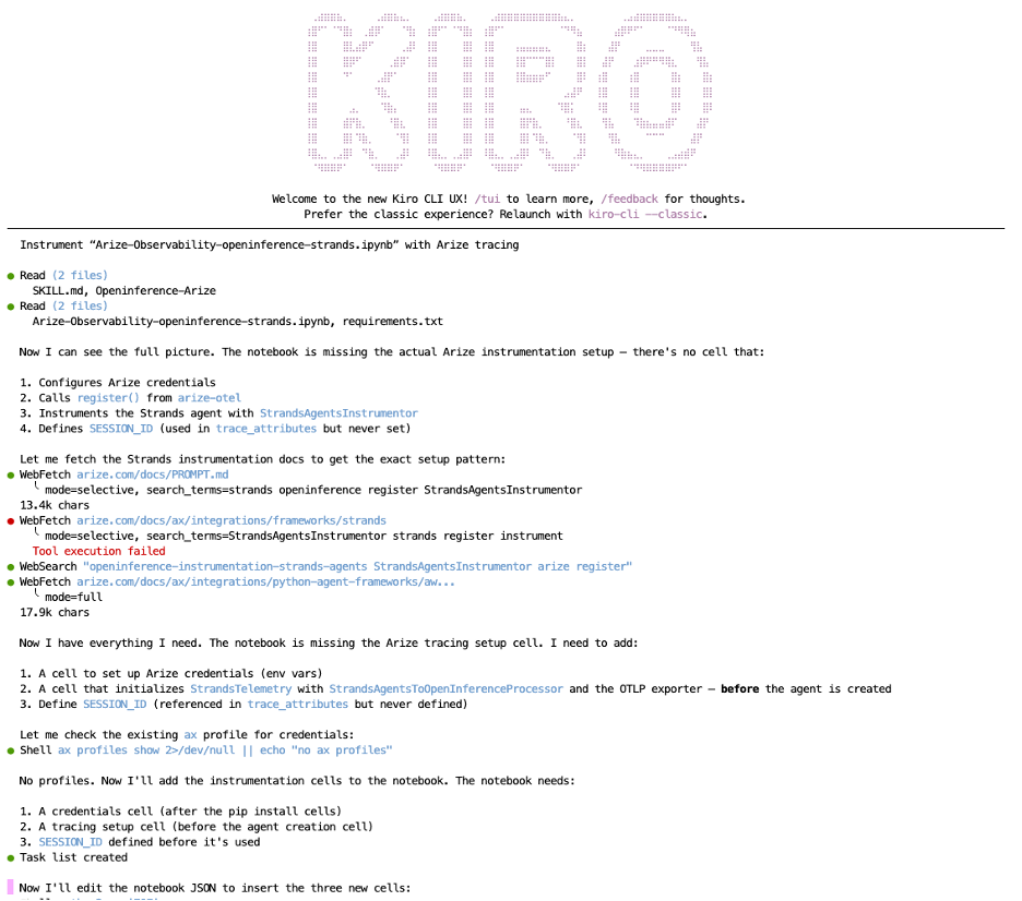 Kiro CLI terminal running the Arize instrumentation skill: reading notebook files, fetching Arize docs, and planning the tracing setup cells to add.