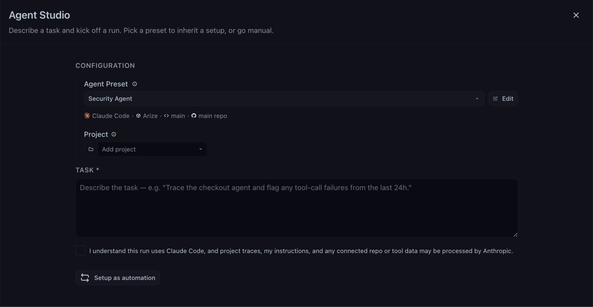 Agent Studio: describe the task, inherit a preset, and run it once or as an automation