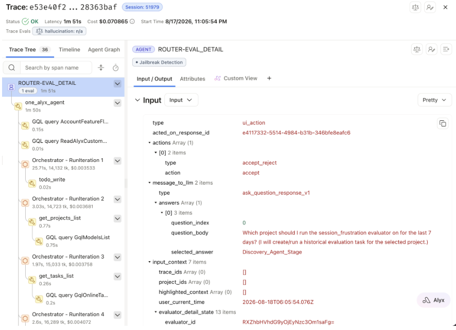 Alyx trace showing a healthy root status alongside high latency, repeated orchestrator iterations, and repeated tool calls under one_alyx_agent.