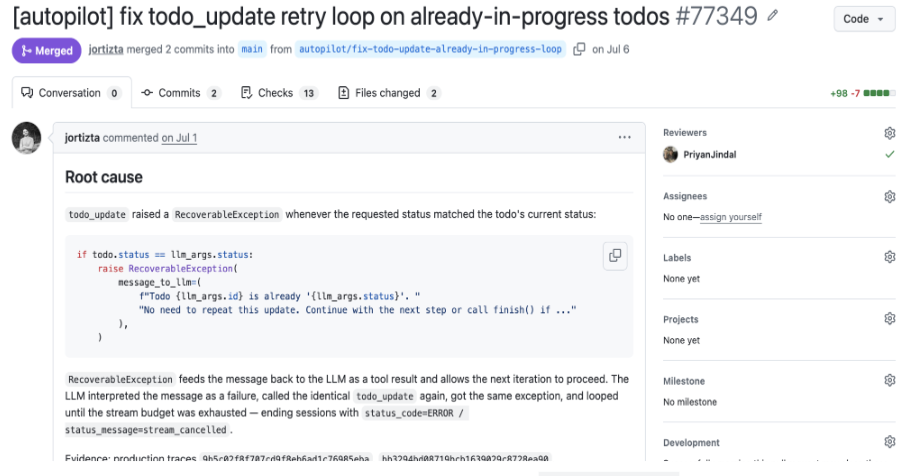Merged GitHub PR #77349 showing the root cause for the todo_update retry loop: duplicate status updates raised RecoverableException, fed the message back to the LLM, and caused repeated identical tool calls.