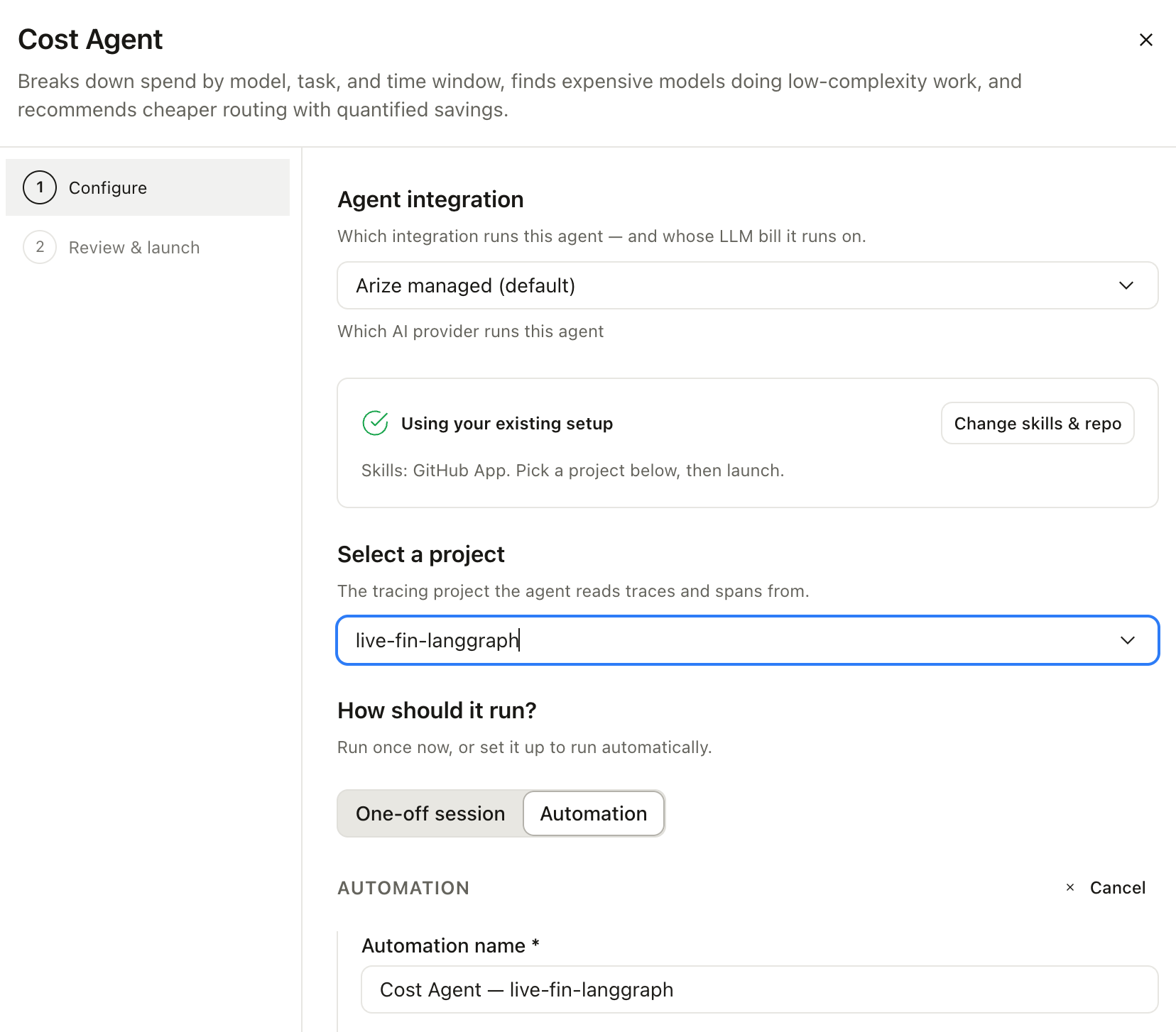 Cost Agent configure step with Arize managed integration, the live-fin-langgraph project, and automation selected.