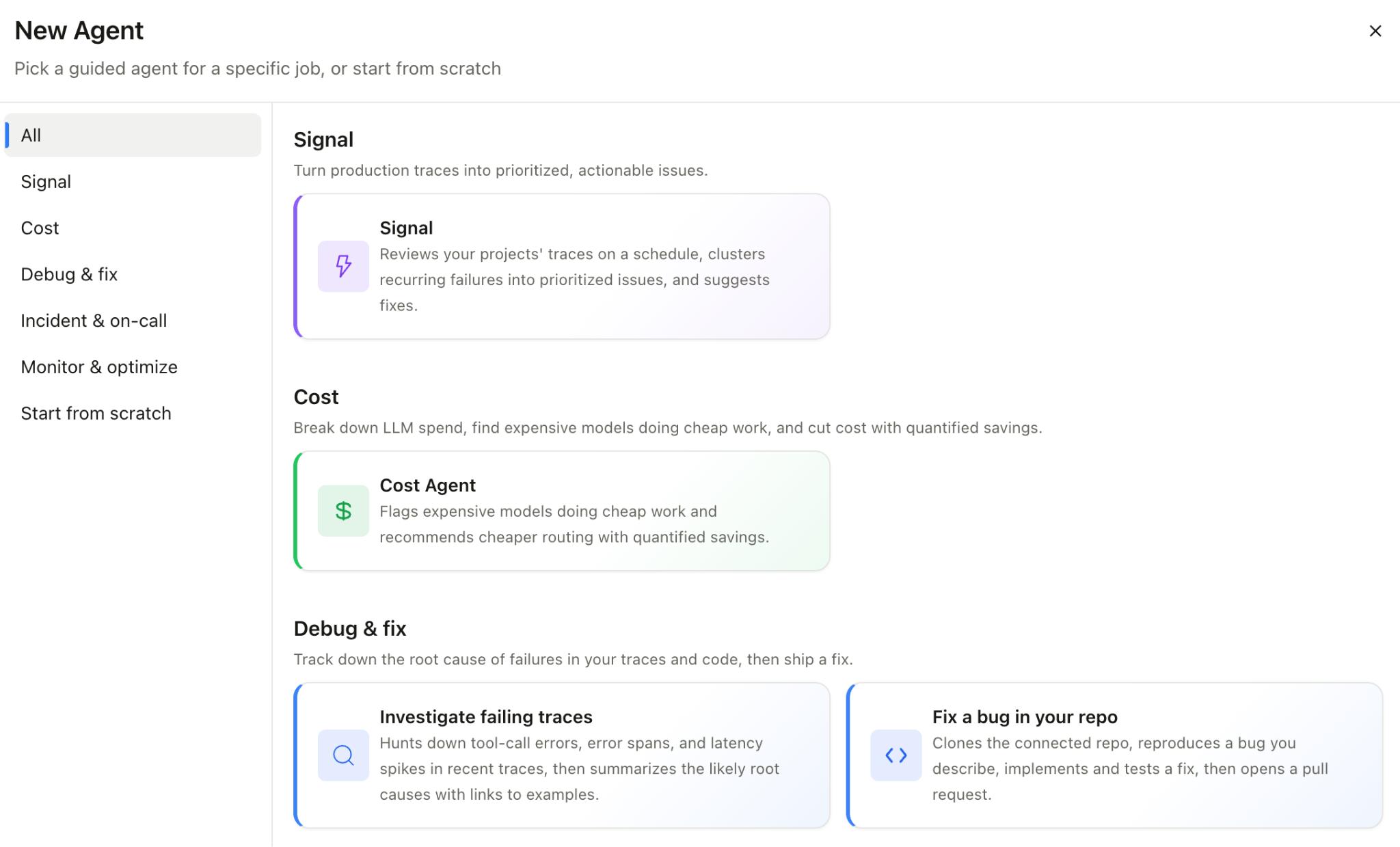 Arize AX New Agent picker with Cost Agent selected alongside Signal and debugging agents.