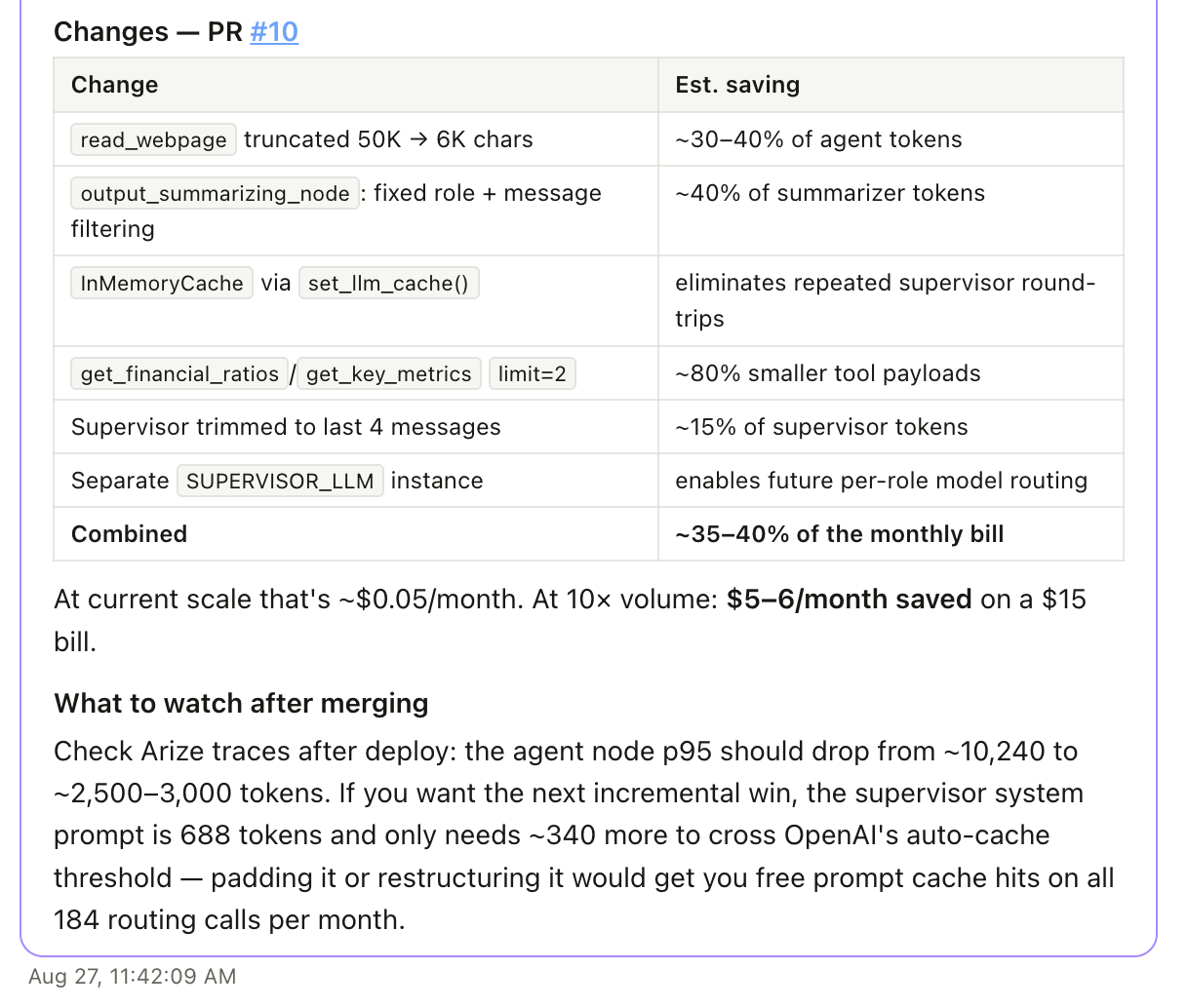 Cost Agent pull request summary listing six code changes with estimated token and bill savings.