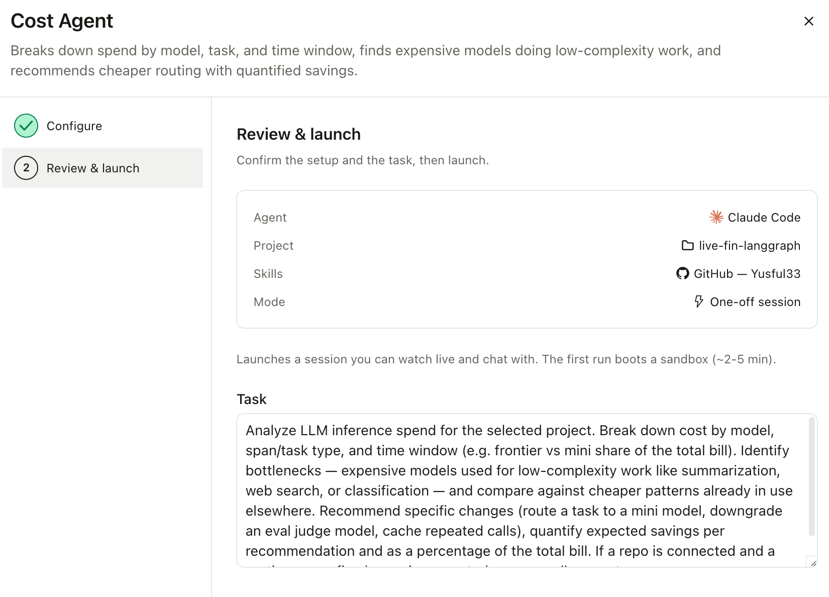 Cost Agent review and launch screen showing the editable task prompt for analyzing LLM inference spend.