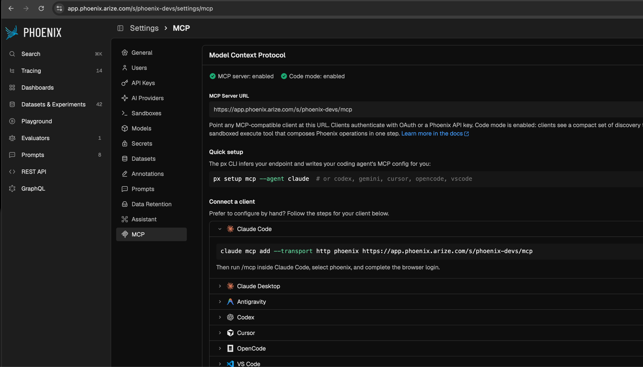 Phoenix MCP settings page showing code mode enabled, server URL, and one-line client connect commands.