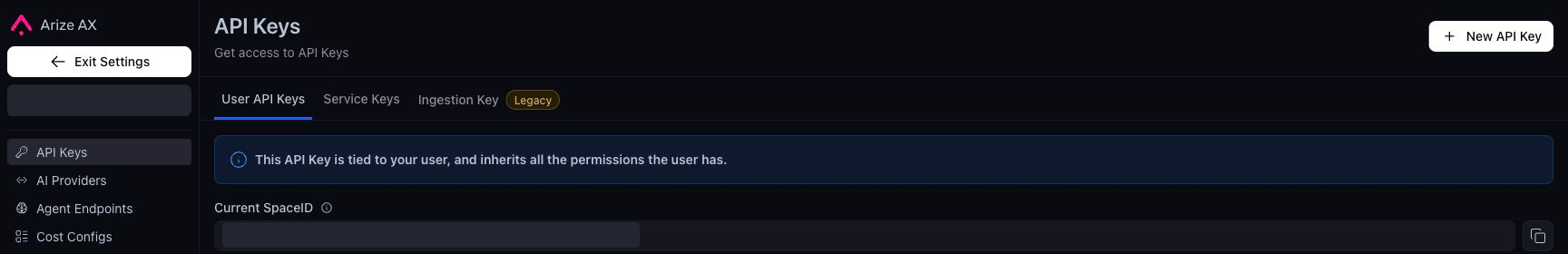 Screenshot: copy Space ID and API key from Arize AX Settings → API Keys.