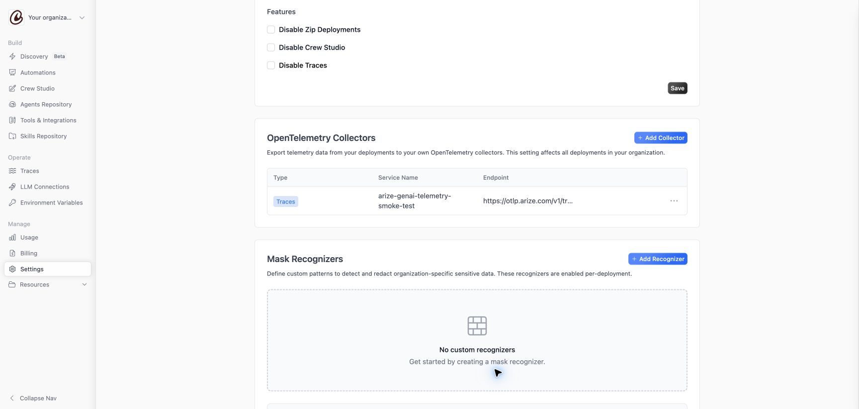 Screenshot: configure the CrewAI collector with the Arize OTLP endpoint and custom headers.