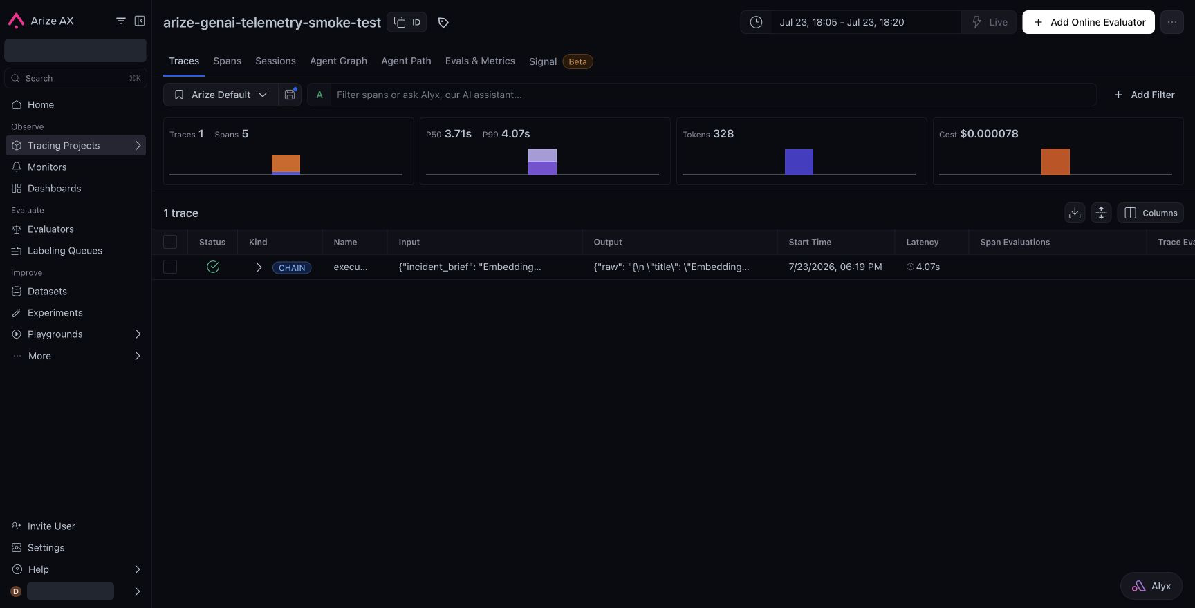 Screenshot: test the OpenTelemetry collector connection and save in CrewAI.
