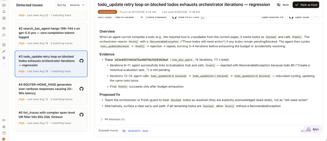 Signal issue for a todo_update retry loop on blocked todos, showing the evidence trace, repeated finish() rejection, repeated todo_update(..., blocked) calls, and a linked PR attempt.