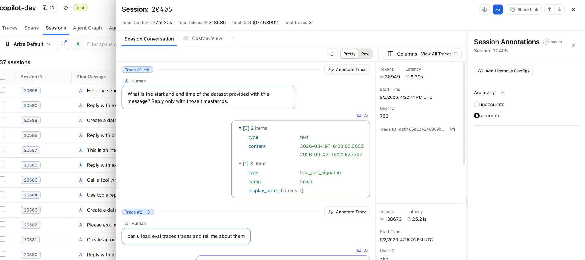 Arize AX Sessions view for Session 20405, showing the full conversation beside session-level annotations