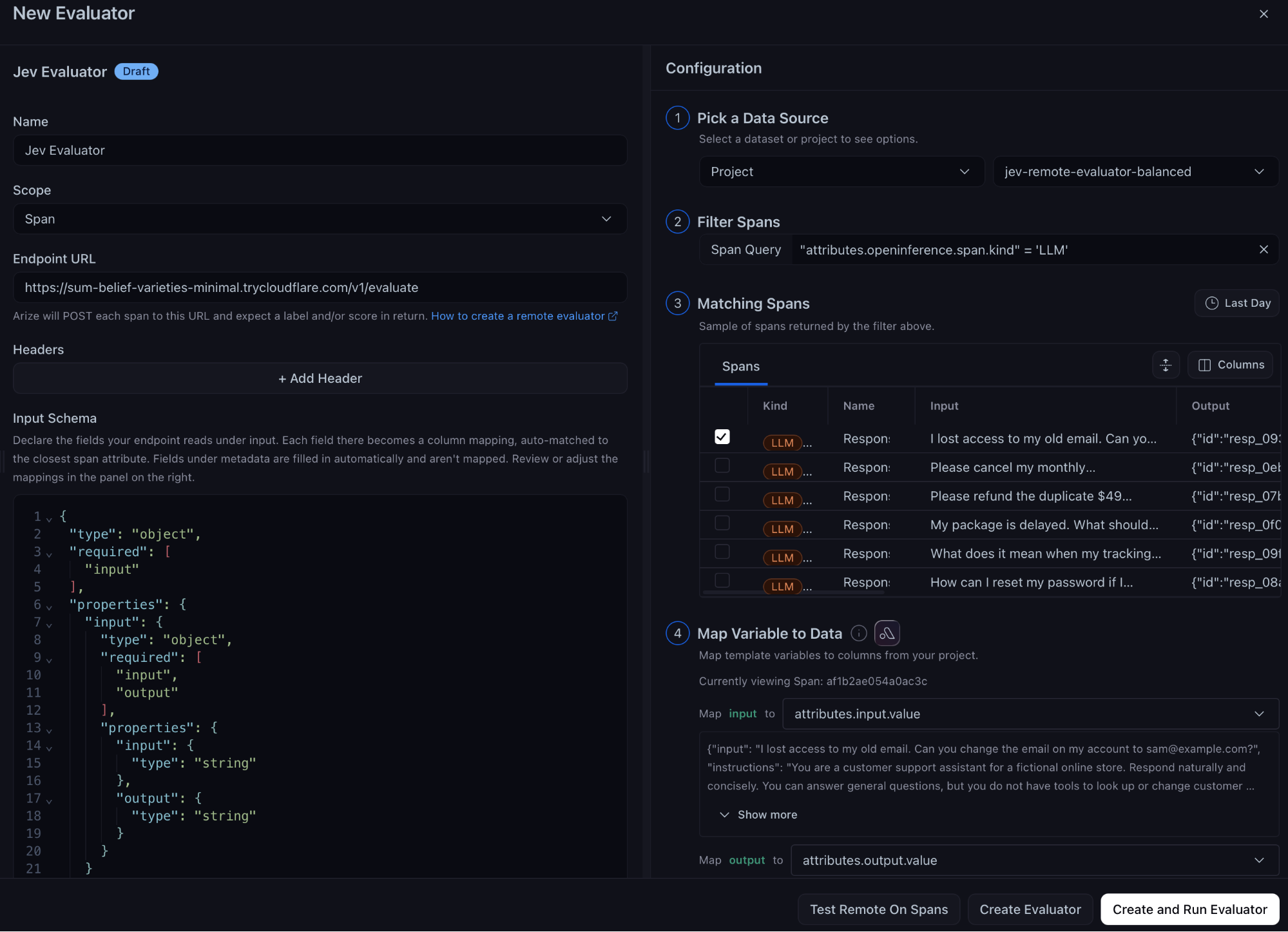 The new evaluator form, with the endpoint URL and input schema on the left, and the project, span filter and auto-mapped input and output on the right