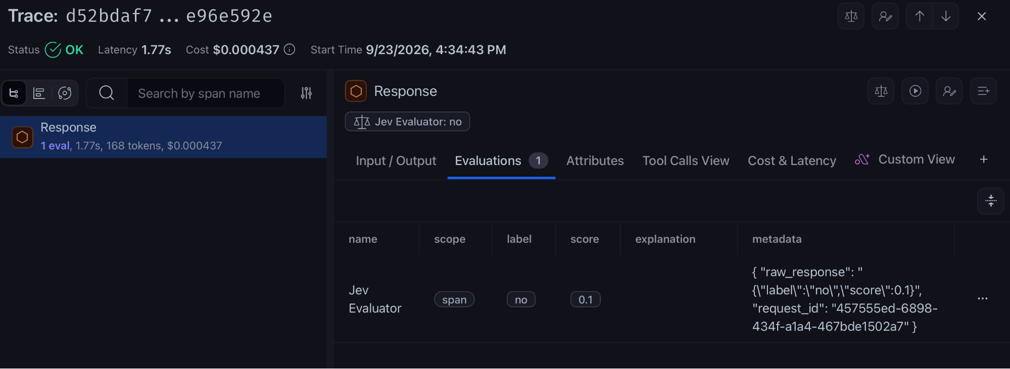 A trace with the Jev Evaluator result attached: label no, score 0.1