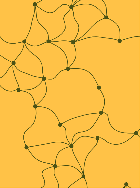 Dark olive network of curved lines and nodes on amber