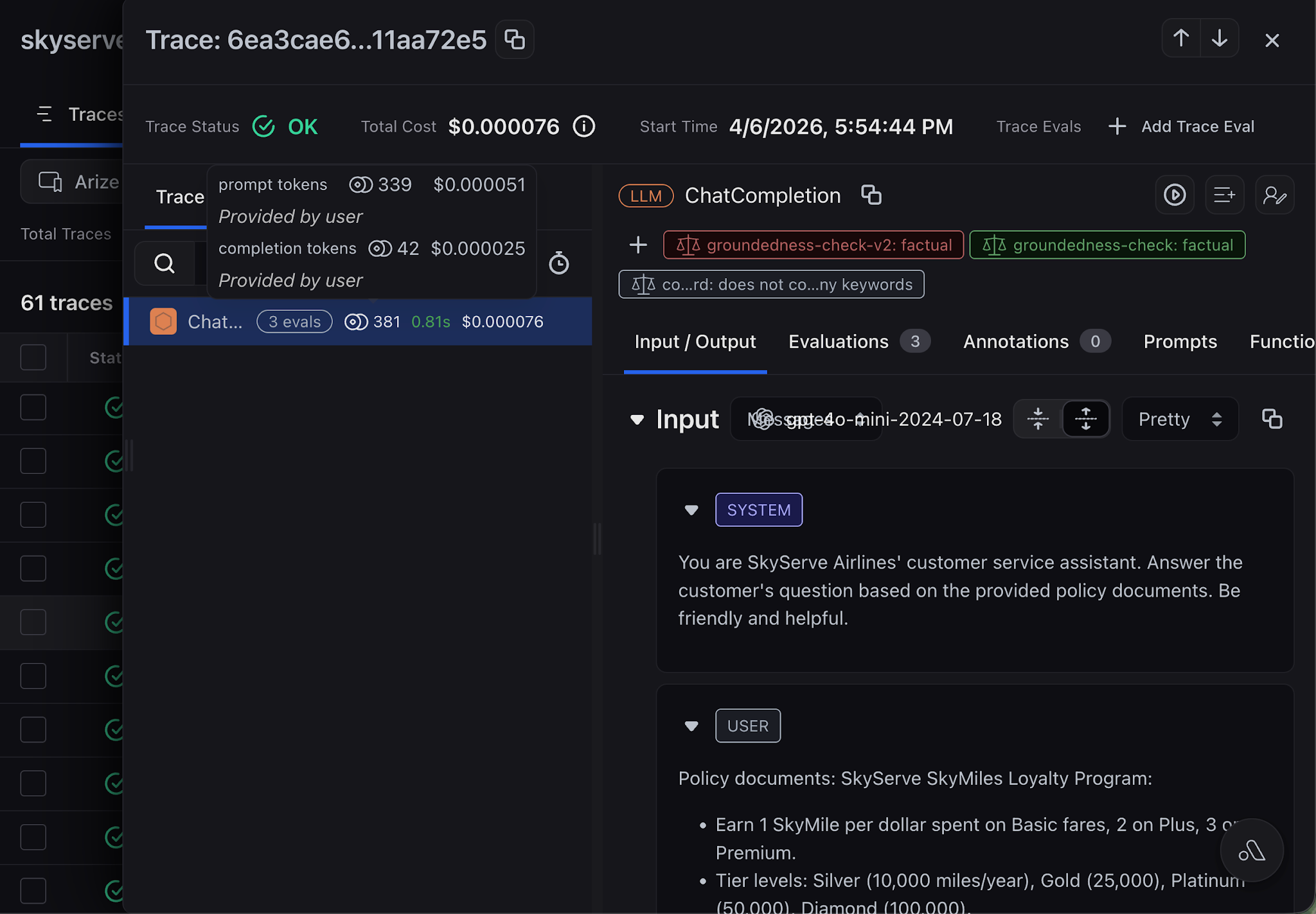 Arize AX trace view rolling span token costs up to a total trace cost.