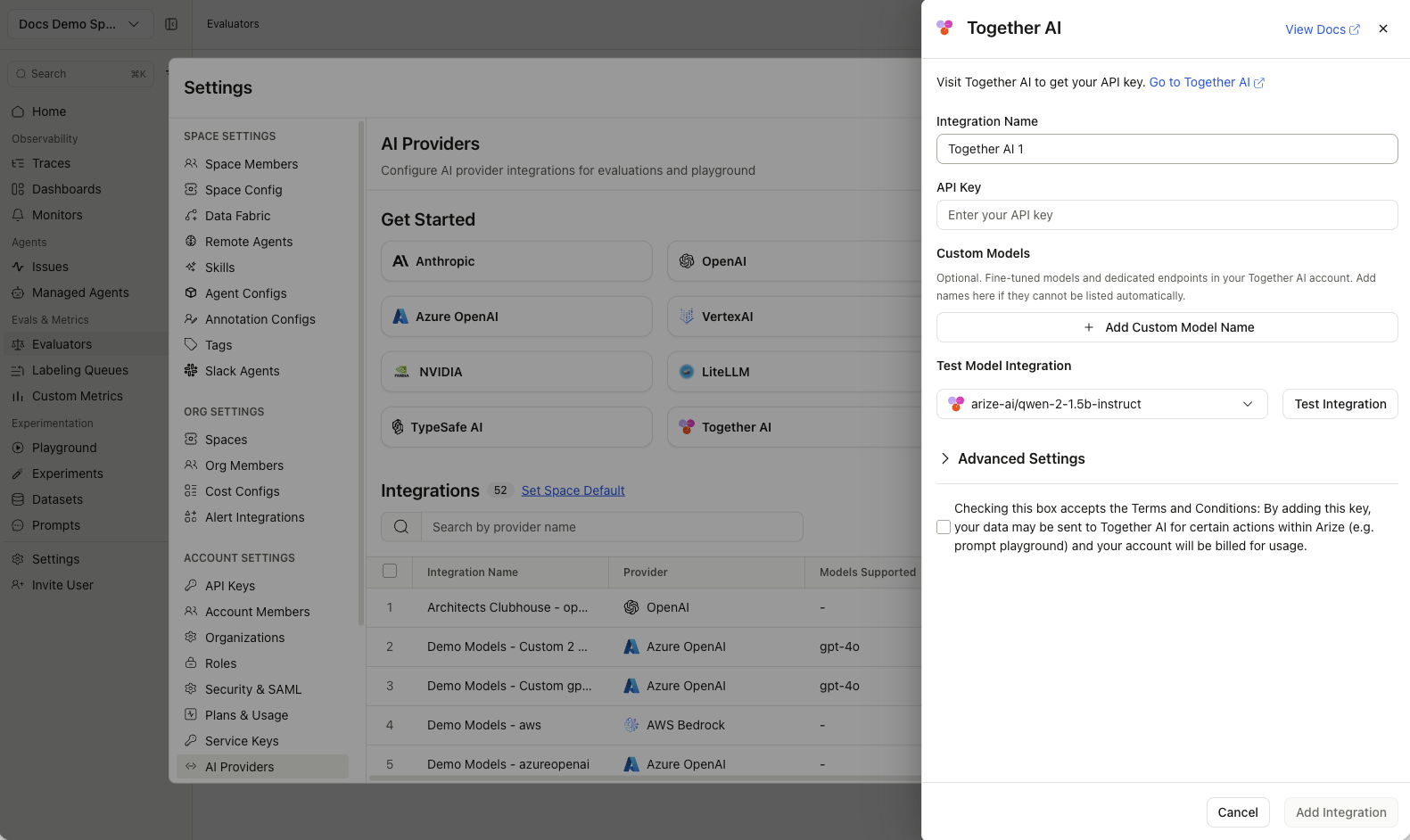 Run Together AI models in the Arize AX Playground and evaluation workflows