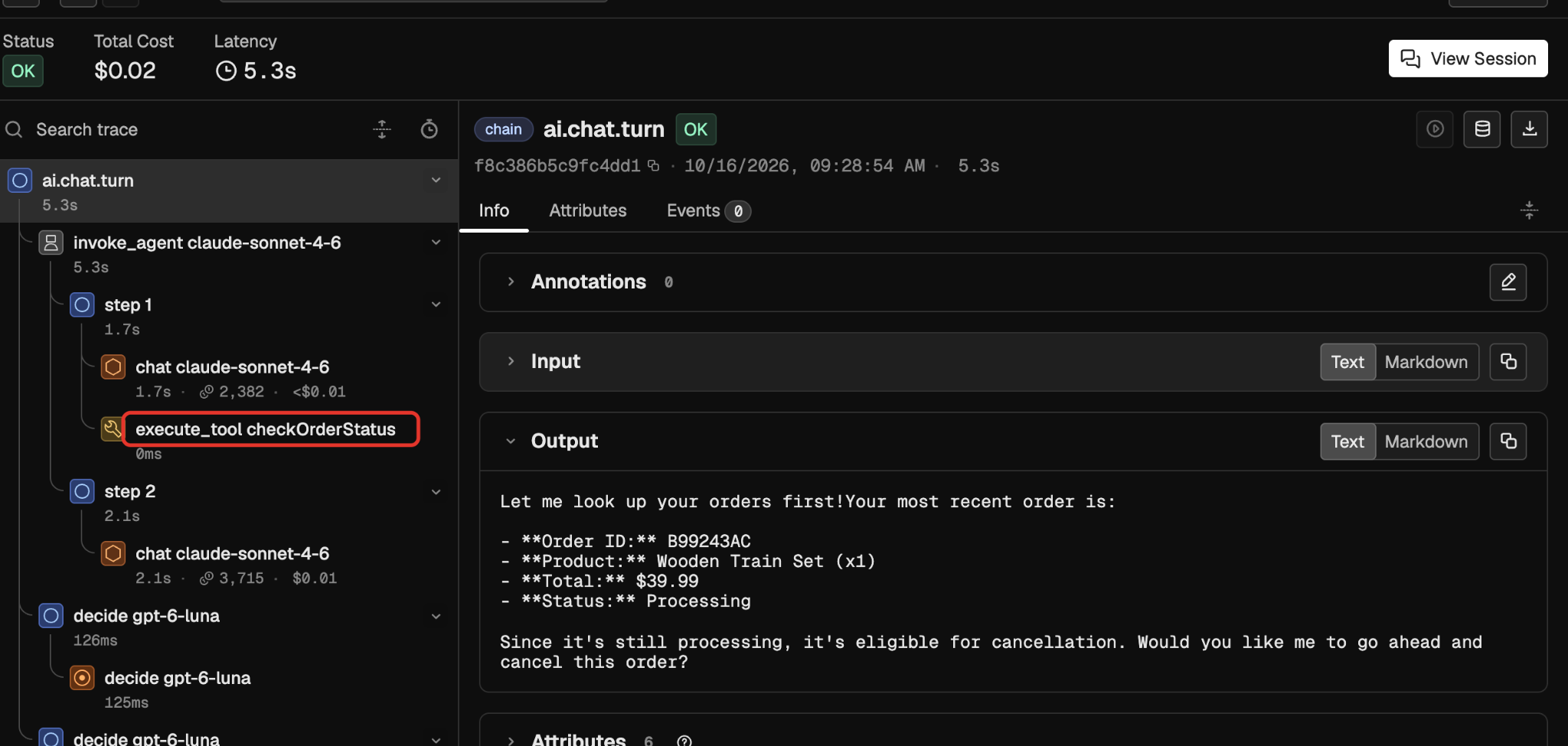 The gated cancel turn: the chat model called checkOrderStatus instead of stopping on a promise