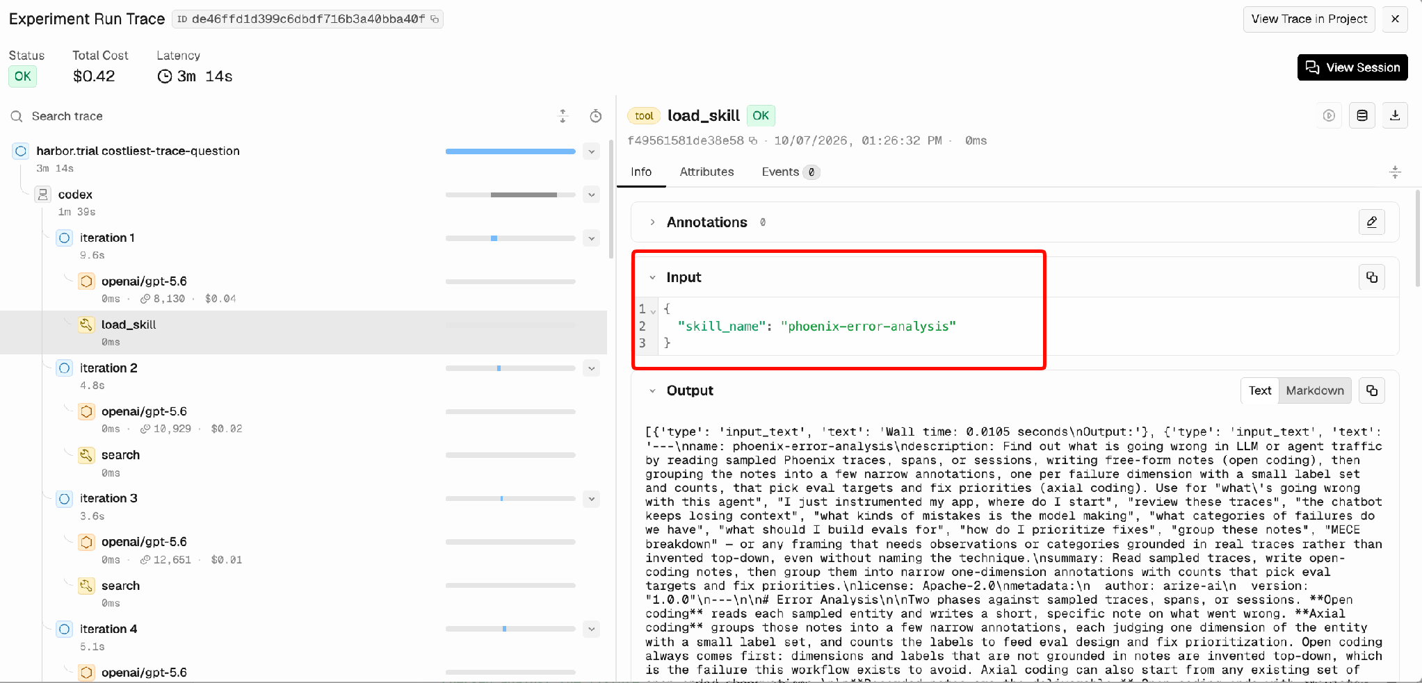 Phoenix trace for a Codex run on costliest-trace-question. The first tool call is load_skill with skill_name phoenix-error-analysis. The run status is OK.