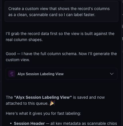 Alyx creating a session labeling view and confirming it is attached to the queue