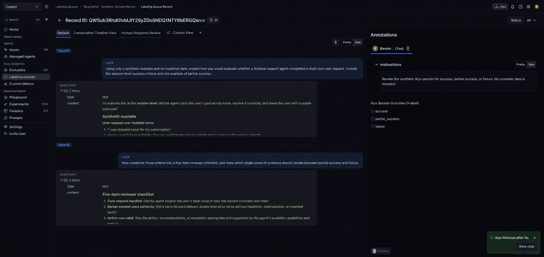 Default labeling-queue record, with the conversation spread across traces and the annotation panel on the right