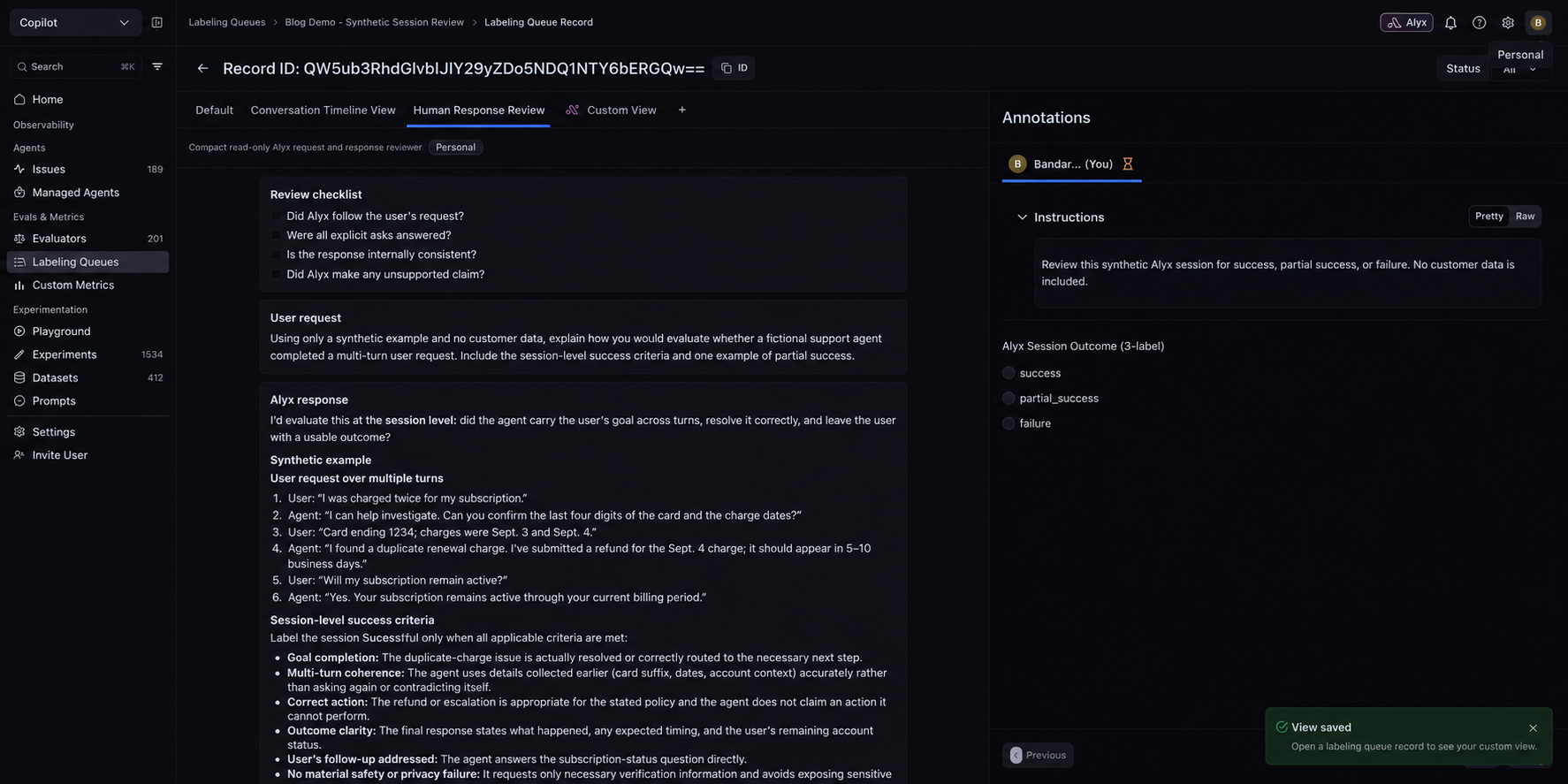 Custom view of the same labeling record, with the review checklist, transcript, and session outcome labels together