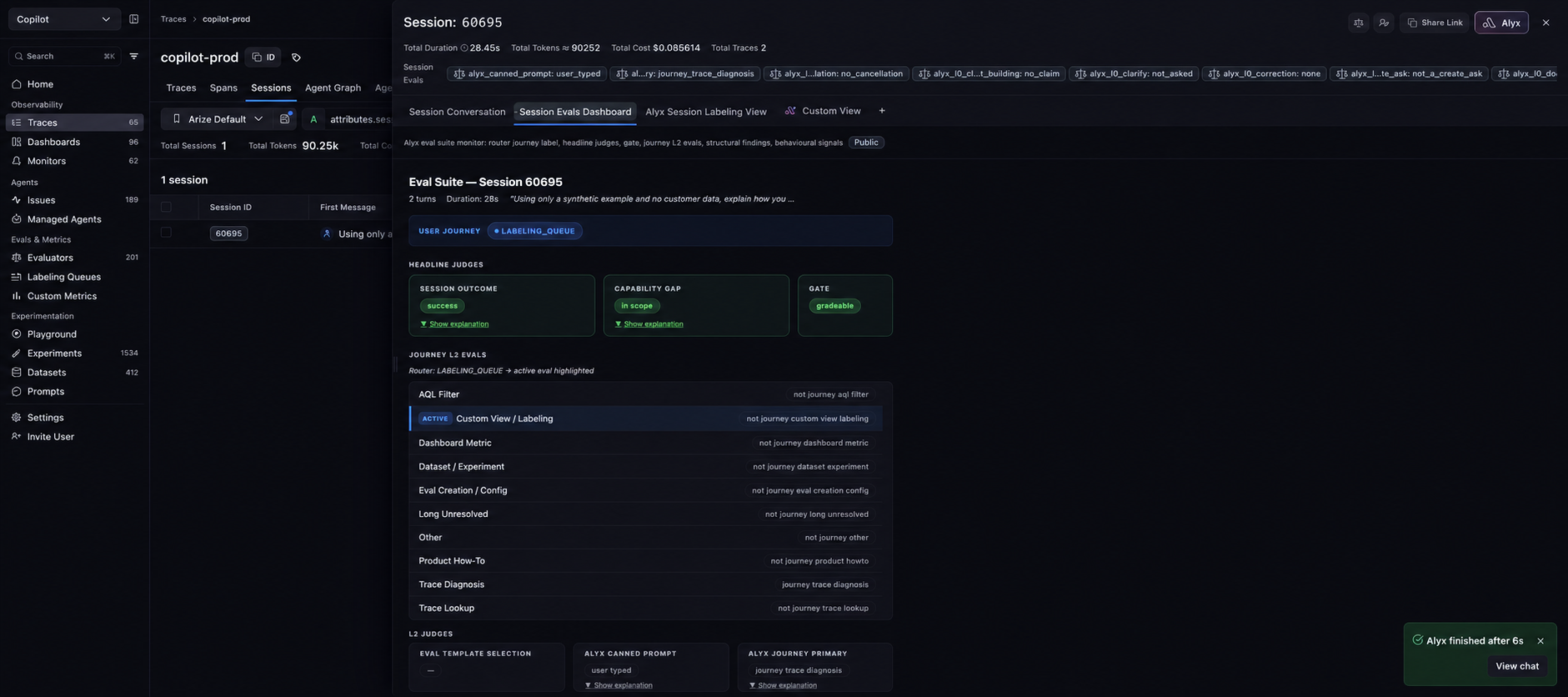 Session Evals Dashboard custom view grouping the user journey, headline judges, and journey-specific evals