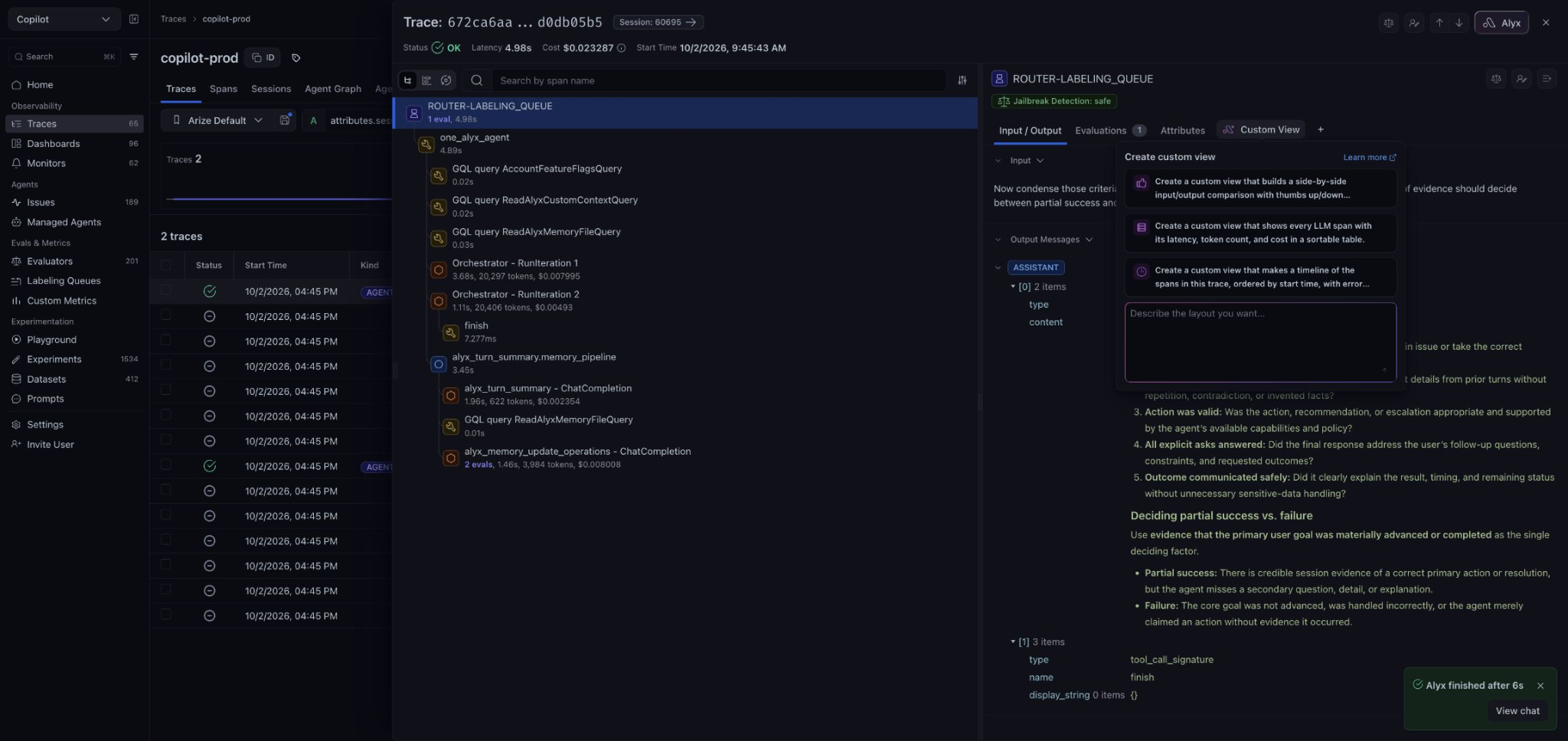 Custom View prompt asking for a layout in plain language, with suggested review layouts