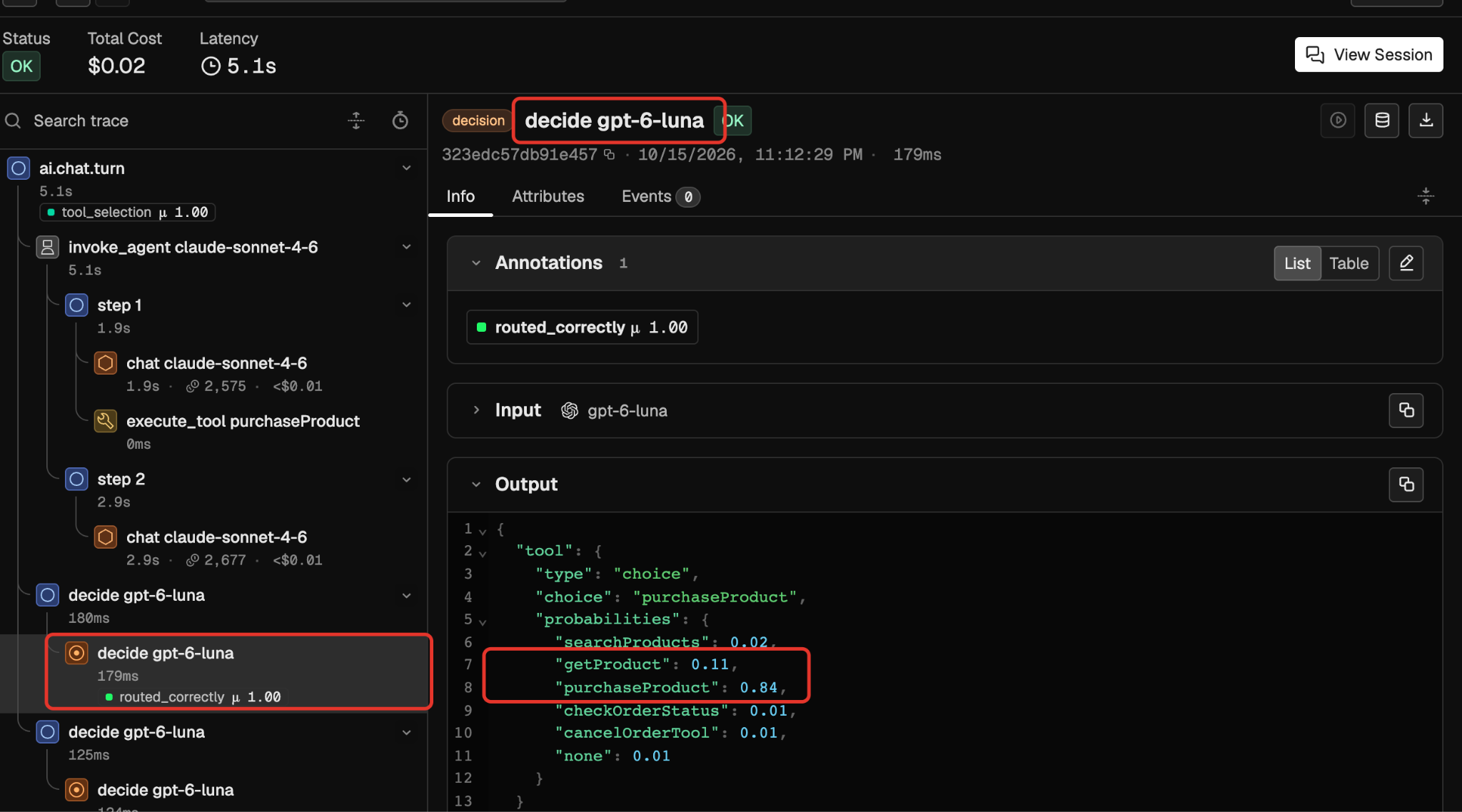 The purchase decision span, with purchaseProduct at 0.84 and getProduct at 0.11